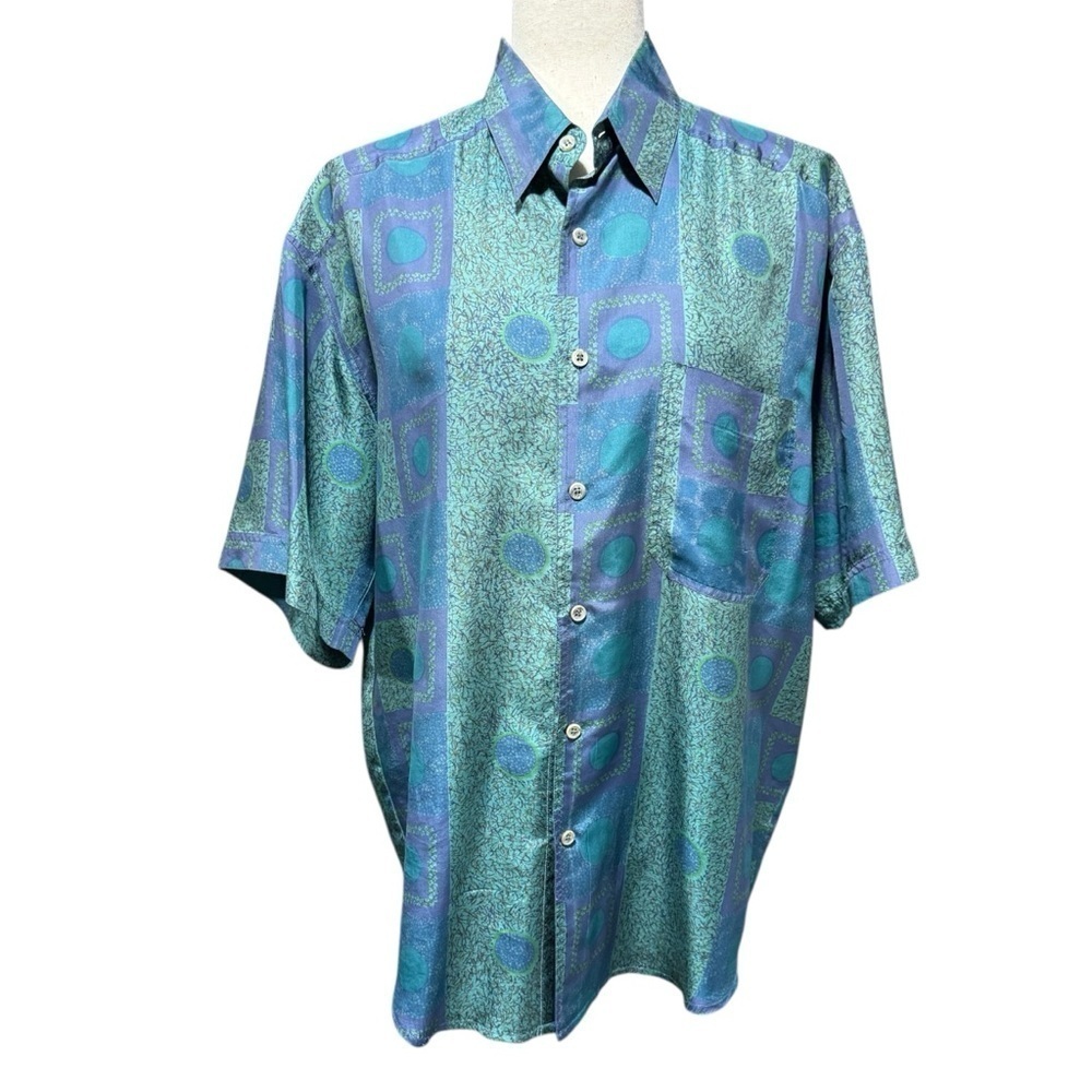 Pure Silk Geometric Button Down Shirt  Size S 90s Funky Teal Retro Vintage‎ Luxe
